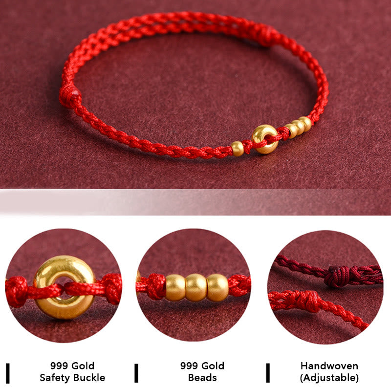 Buddha Stones 999 Gold Small Peace Buckle Design Handmade Luck Braided Rope Bracelet Anklet