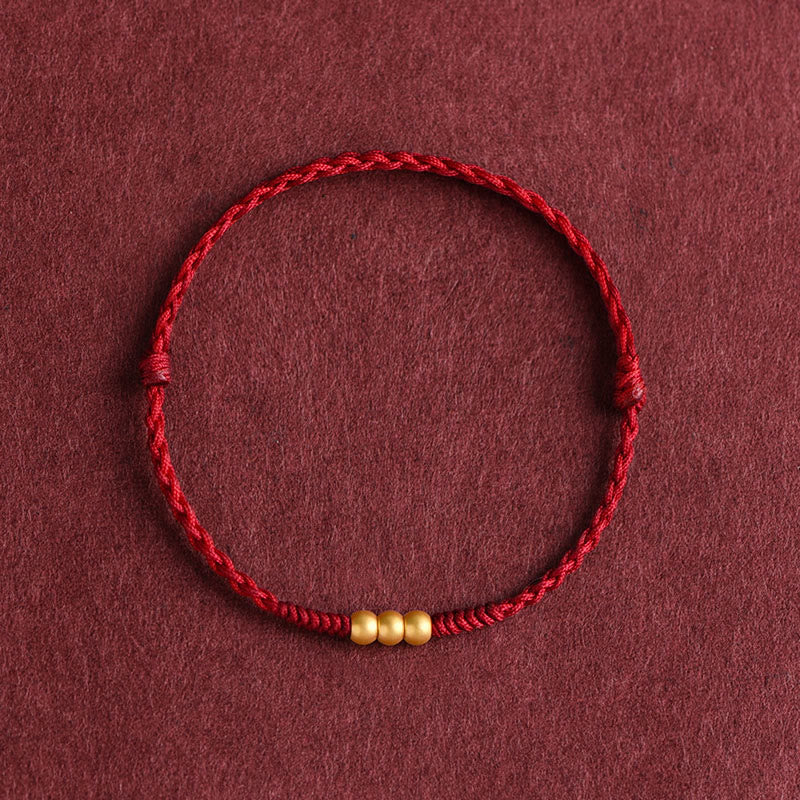 Buddha Stones 999 Gold Mini Three Beads Design Handmade Luck Rope Bracelet Anklet - Anklet(Circumference 18-30cm) - Dark Red - image 7