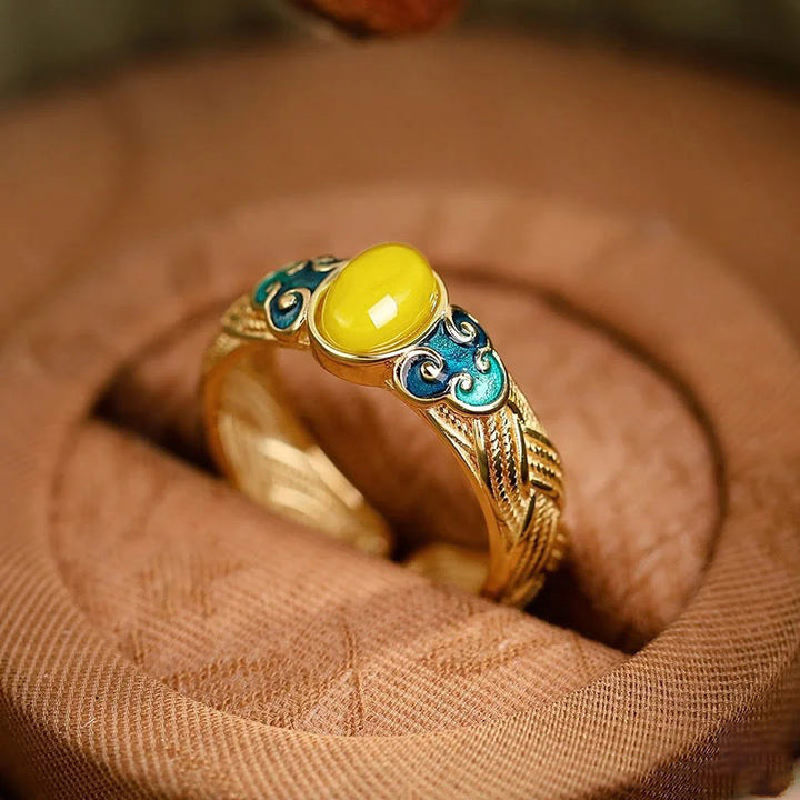 Buddha Stones Amber Copper Auspicious Clouds Focus Adjustable Ring