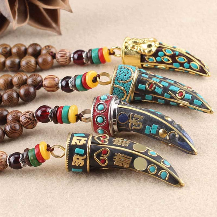 Buddha Stones Tibet Wenge Wood Om Mani Padme Hum OM Symbol Mantra Horn Pattern Protection Necklace Pendant