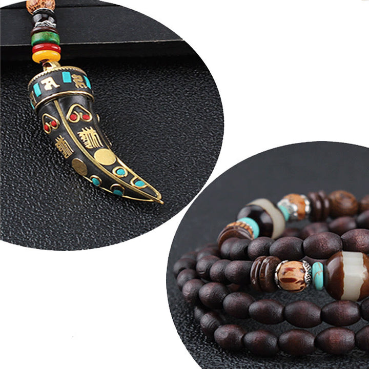 Buddha Stones Tibet Wenge Wood Om Mani Padme Hum OM Symbol Mantra Horn Pattern Protection Necklace Pendant - image 5