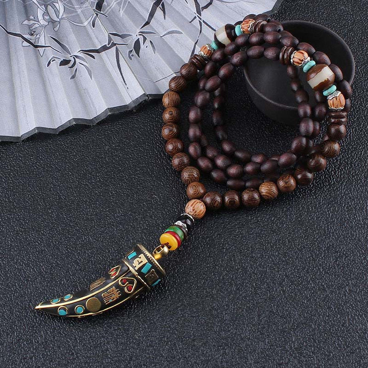 Buddha Stones Tibet Wenge Wood Om Mani Padme Hum OM Symbol Mantra Horn Pattern Protection Necklace Pendant