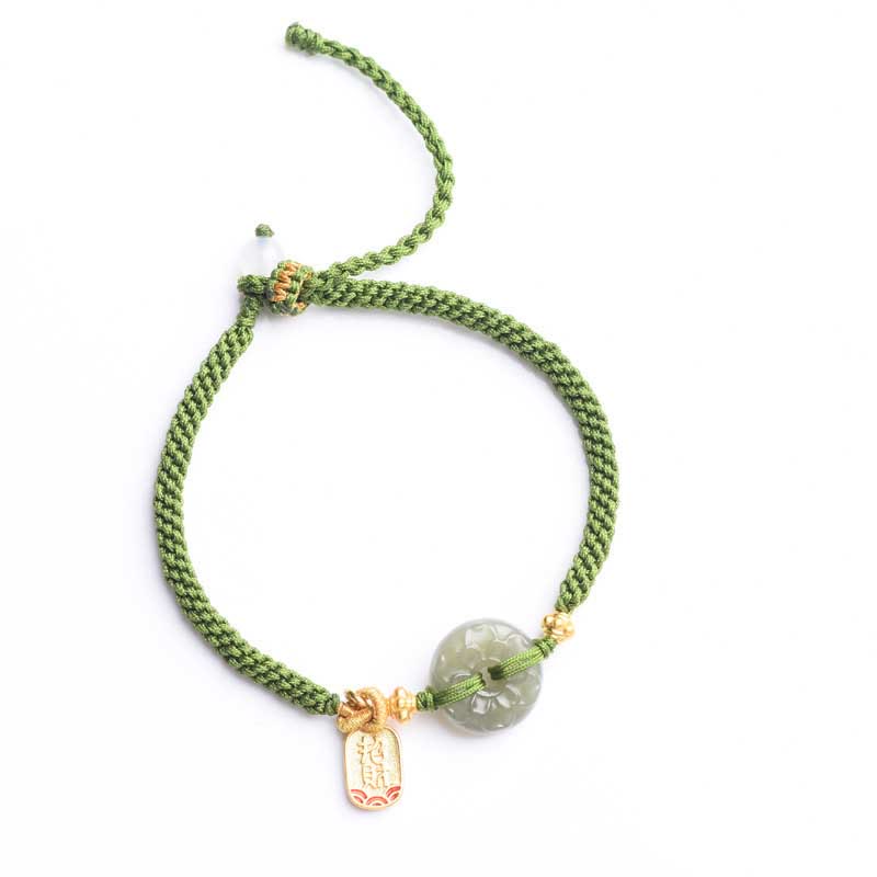 Buddha Stones Green Jade Peace Buckle Green Rope Bracelet