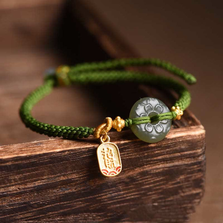 Buddha Stones Green Jade Peace Buckle Green Rope Bracelet