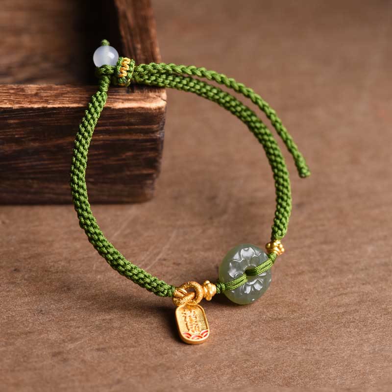 Buddha Stones Green Jade Peace Buckle Green Rope Bracelet