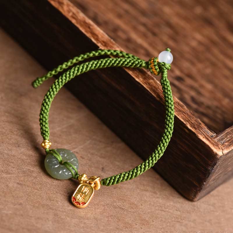 Buddha Stones Green Jade Peace Buckle Green Rope Bracelet