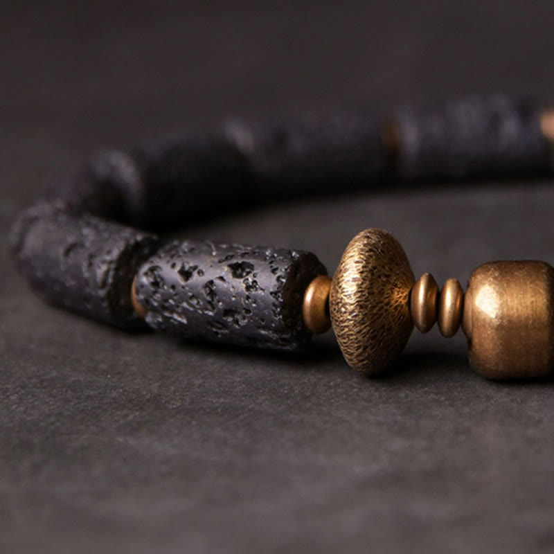 Buddha Stones Luck Wealth Black Lava Rock Beads Copper Bracelet