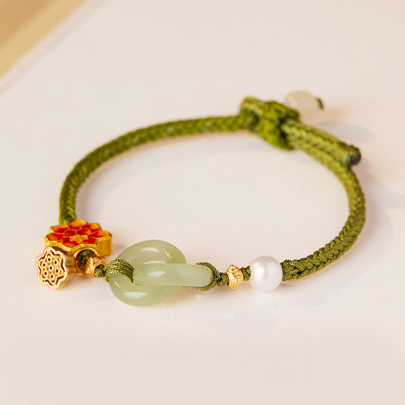 Buddha Stones Hetian Jade Lotus Peace Buckle Braided Rope Fortune Bracelet