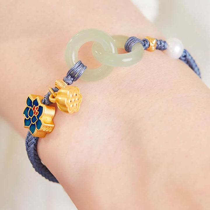 Buddha Stones Hetian Jade Lotus Peace Buckle Braided Rope Fortune Bracelet