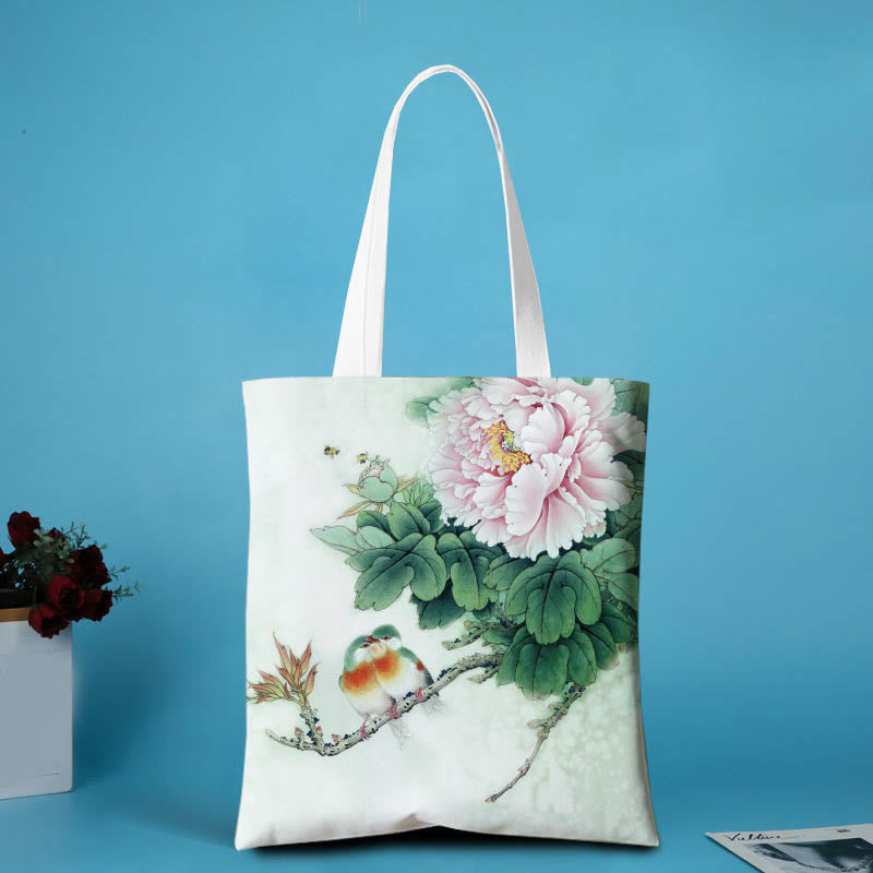 Buddha Stones Canvas Peony Shoulder Bag