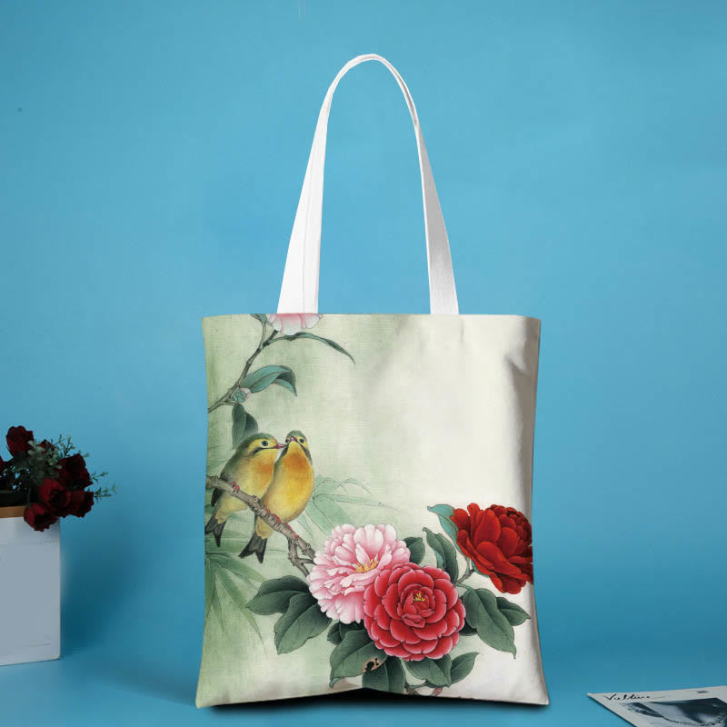 Buddha Stones Canvas Peony Shoulder Bag