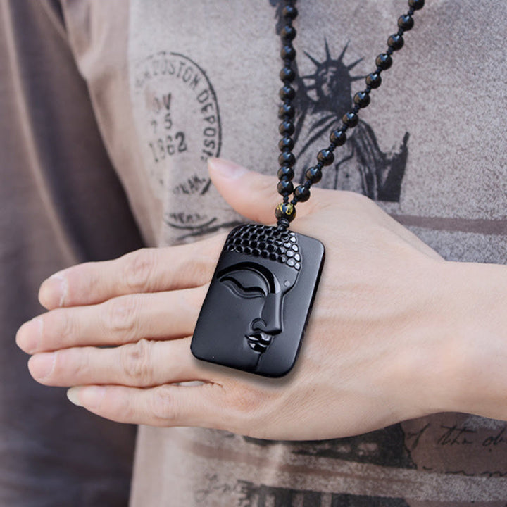 Buddha Stones Natural Black Obsidian Buddha Prayer Purification Luck Pendant Necklace