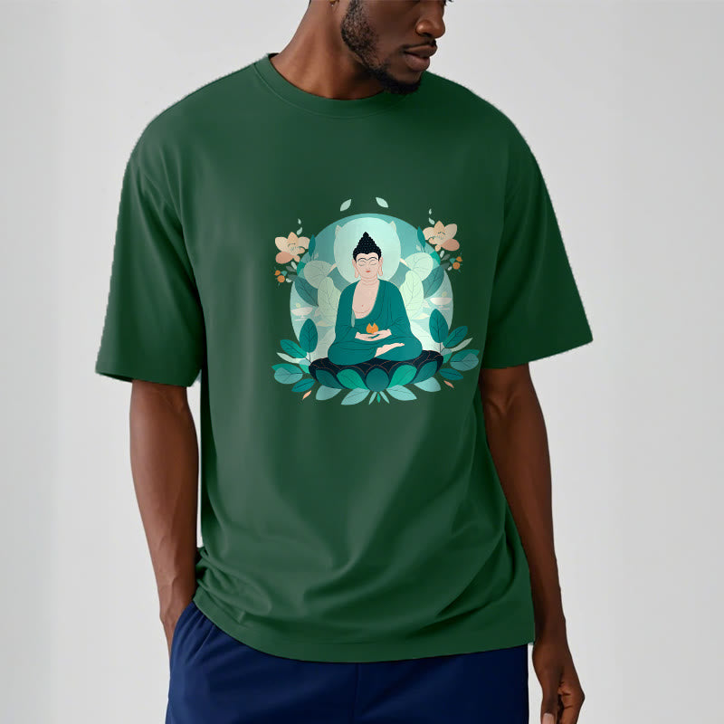 Buddha Stones Close Eyes Green Leaf Buddha Tee T-shirt