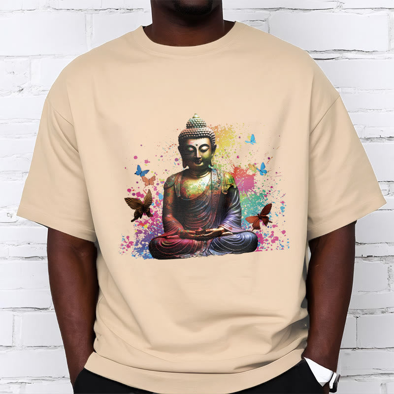 Buddha Stones Colorful Butterfly Flying Meditation Buddha Tee T-shirt