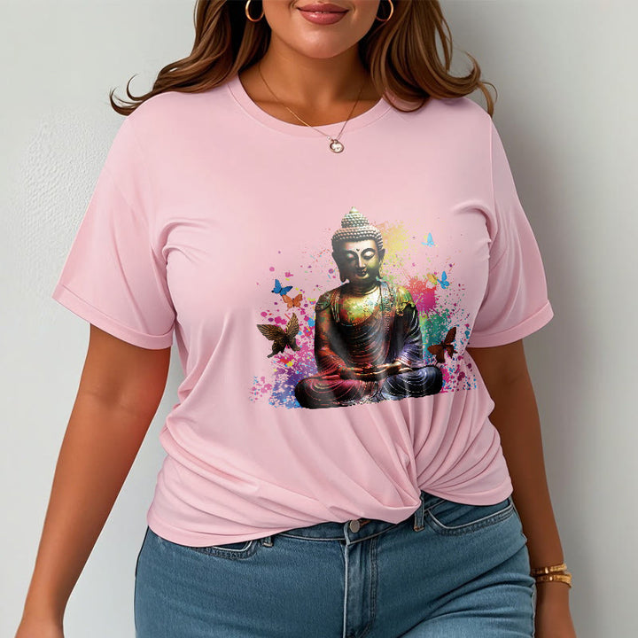 Buddha Stones Colorful Butterfly Flying Meditation Buddha Tee T-shirt