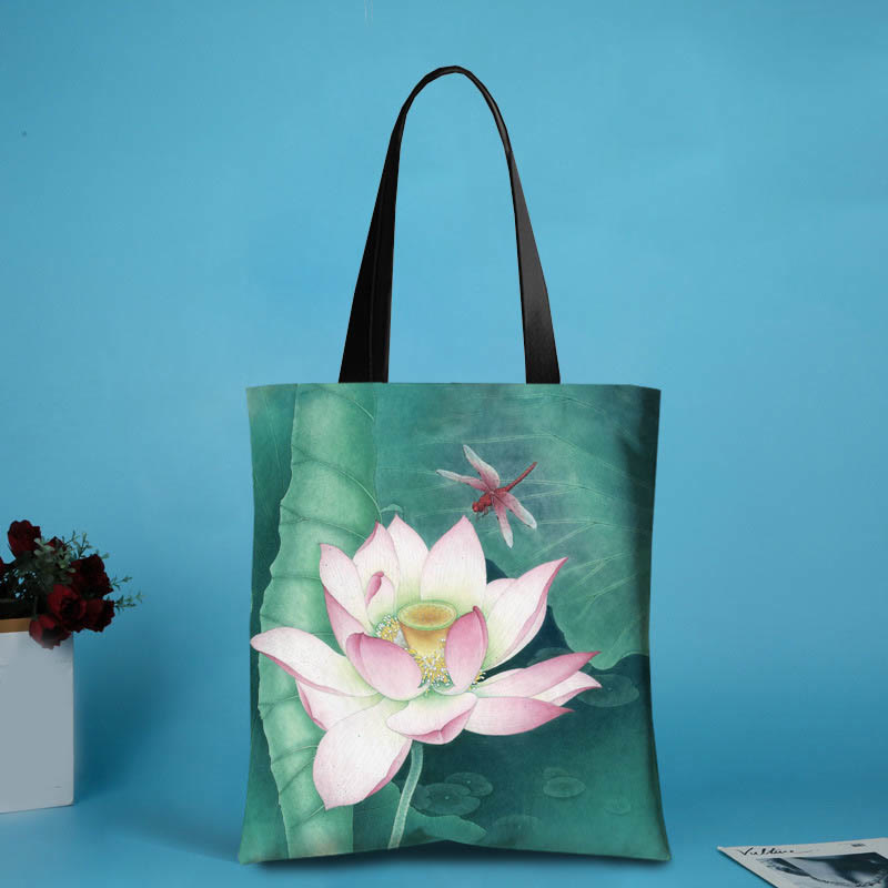 Buddha Stones Large Capacity Handmade Canvas Ink Lotus Dragonfly Shoulder Bag Shopping Bag