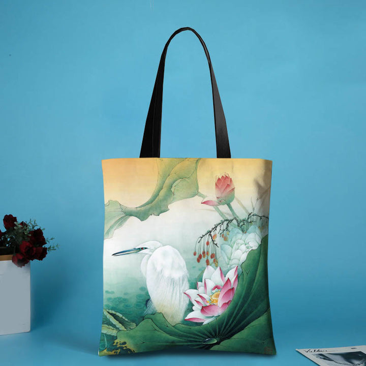 Buddha Stones Handmade Canvas Ink Lotus Koi Fish Shoulder Bag Shopping Bag