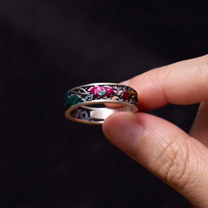 Buddha Stones 925 Sterling Silver Koi Fish Lotus Luck Everything Goes Well Ring - image 4