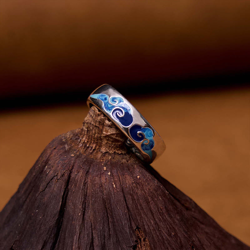 Buddha Stones Blue Auspicious Clouds Pattern Wealth Copper Adjustable Ring