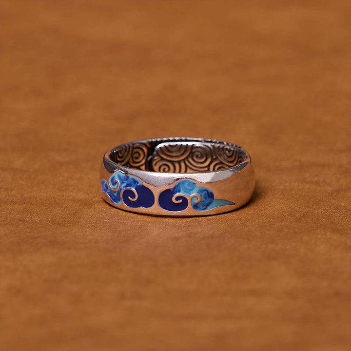 Buddha Stones Blue Auspicious Clouds Pattern Wealth Copper Adjustable Ring