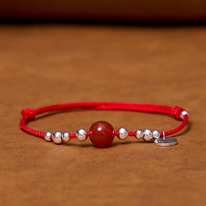 Buddha Stones Handmade 925 Sterling Silver Fu Character Red Agate Fortune Braided Ultra-Thin Rope Bracelet - image 1