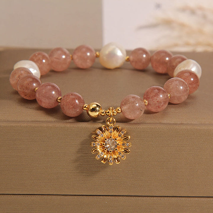 Buddha Stones Natural Strawberry Quartz Crystal Chrysanthemum Pearl Positive Bracelet