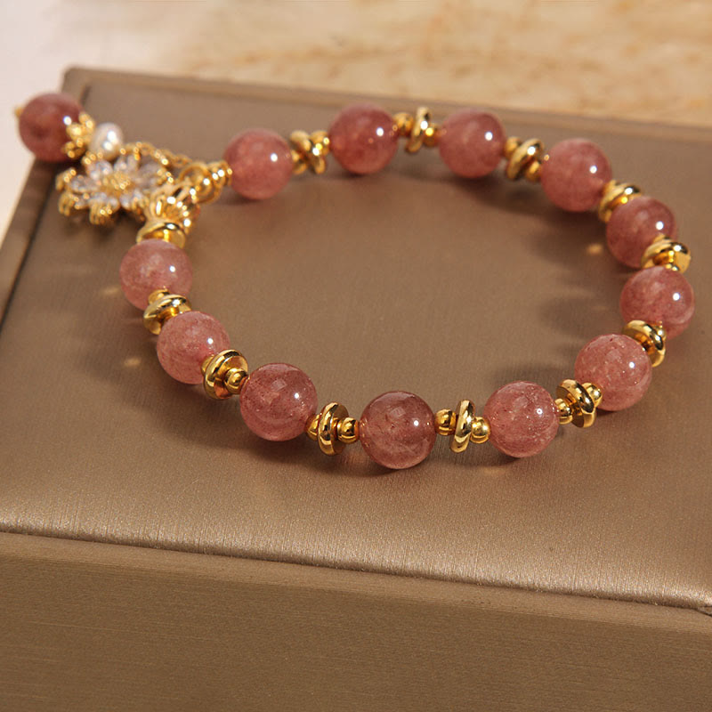 Buddha Stones Natural Strawberry Quartz Crystal Chrysanthemum Pearl Positive Bracelet