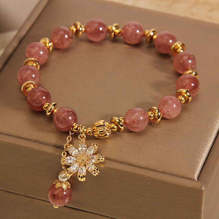 Buddha Stones Natural Strawberry Quartz Crystal Chrysanthemum Pearl Positive Bracelet