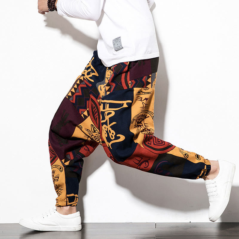 Buddha Stones Red Brown Graffiti Bird Print Cotton Men's Harem Pants With Pockets - image 12