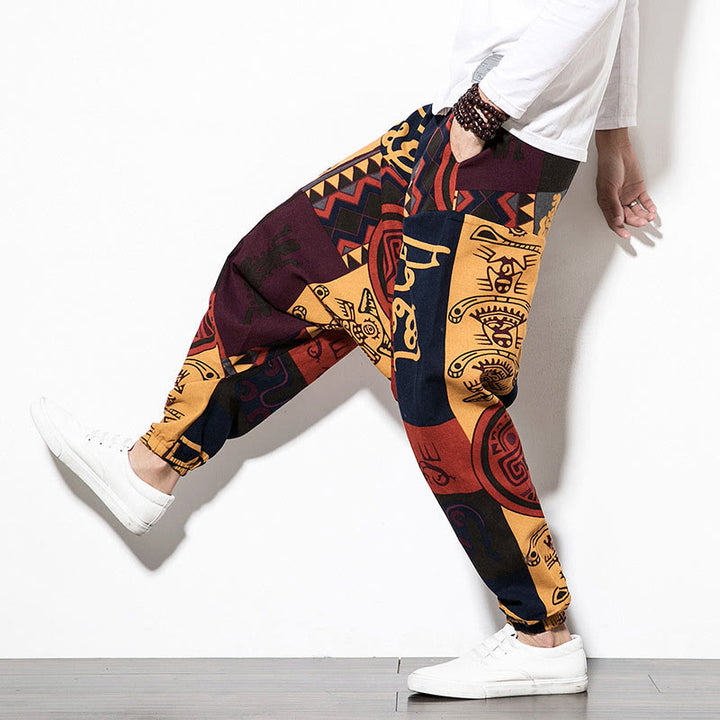 Buddha Stones Red Brown Graffiti Bird Print Cotton Men's Harem Pants With Pockets