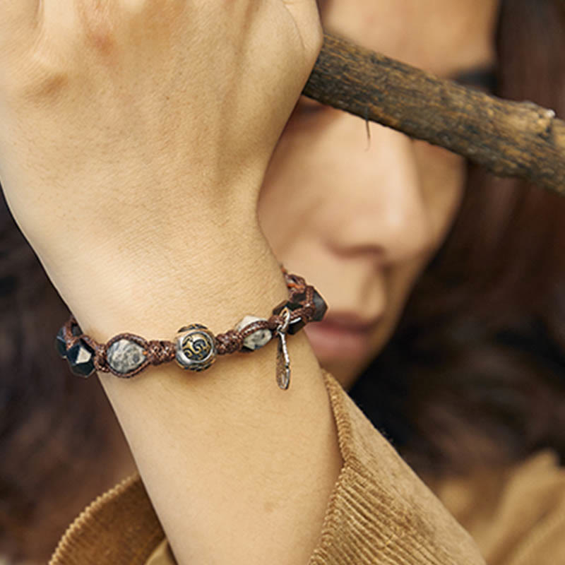 Buddha Stones Retro 925 Sterling Silver Silver Sheen Obsidian Transport Rope Handmade Braided Bracelet - image 13