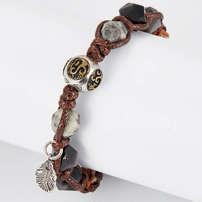 Buddha Stones Retro 925 Sterling Silver Silver Sheen Obsidian Transport Rope Handmade Braided Bracelet