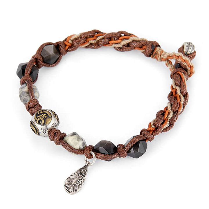 Buddha Stones Retro 925 Sterling Silver Silver Sheen Obsidian Transport Rope Handmade Braided Bracelet