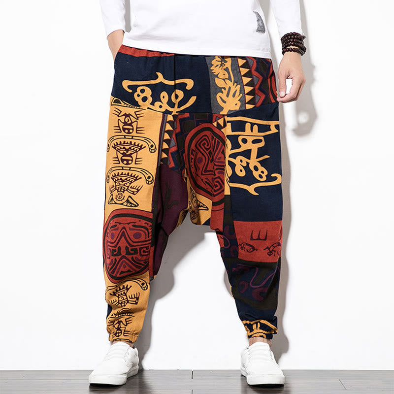 Buddha Stones Red Brown Graffiti Bird Print Cotton Men's Harem Pants With Pockets