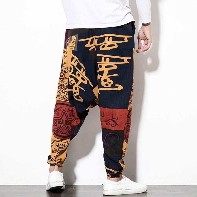 Buddha Stones Red Brown Graffiti Bird Print Cotton Men's Harem Pants With Pockets - image 3