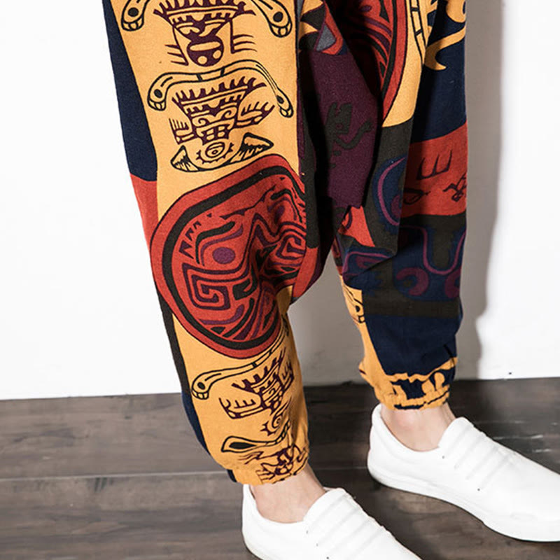 Buddha Stones Red Brown Graffiti Bird Print Cotton Men's Harem Pants With Pockets - image 10