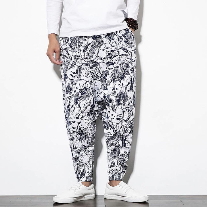 Buddha Stones Leaves Vine Print Cotton Men's Long Cropped Harem Pants With Pockets