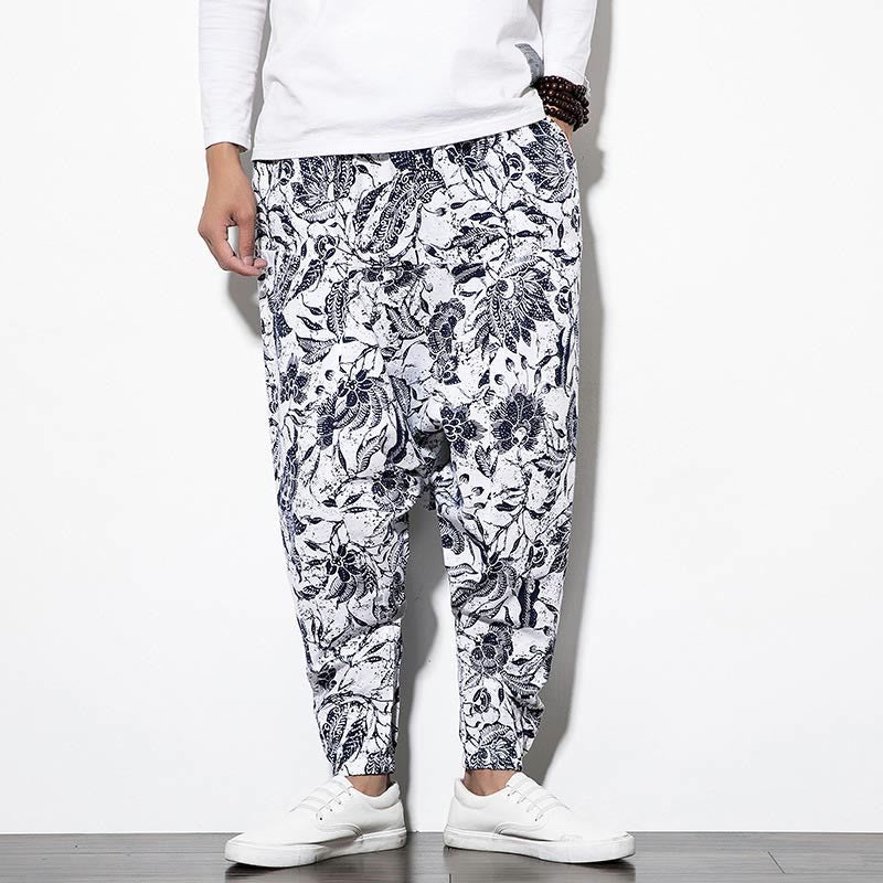 Buddha Stones Leaves Vine Print Cotton Men's Long Cropped Harem Pants With Pockets - image 2