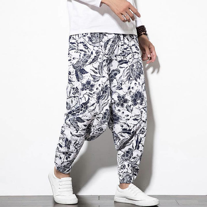 Buddha Stones Leaves Vine Print Cotton Men's Long Cropped Harem Pants With Pockets - image 5