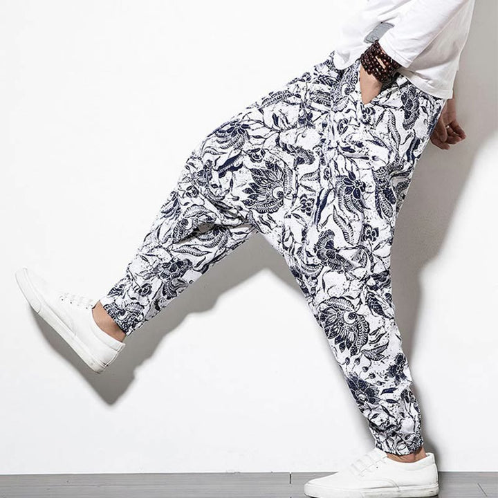 Buddha Stones Leaves Vine Print Cotton Men's Long Cropped Harem Pants With Pockets - image 6