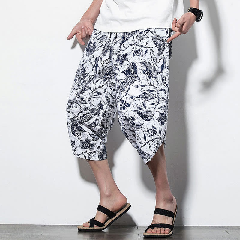 Buddha Stones Leaves Vine Print Cotton Men's Long Cropped Harem Pants With Pockets - image 15