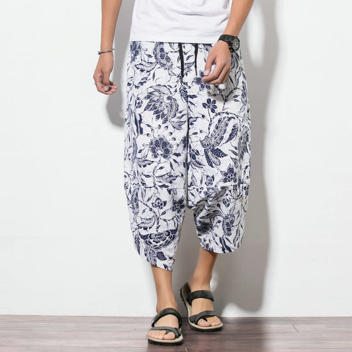 Buddha Stones Leaves Vine Print Cotton Men's Long Cropped Harem Pants With Pockets