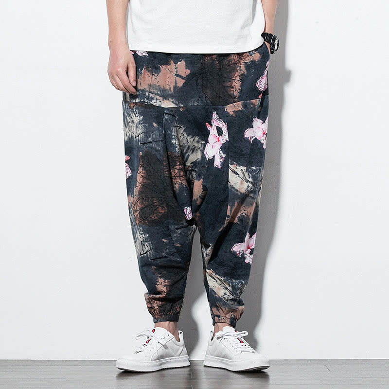 Buddha Stones Pink Lotus Ink Painting Print Cotton Men's Long Cropped Harem Pants With Pockets