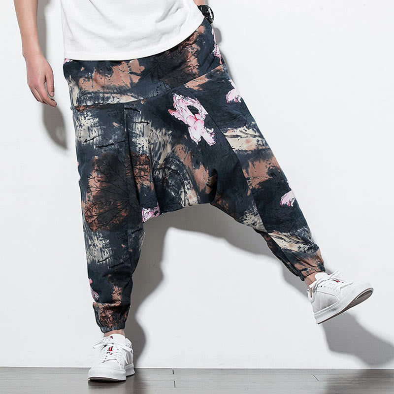 Buddha Stones Pink Lotus Ink Painting Print Cotton Men's Long Cropped Harem Pants With Pockets