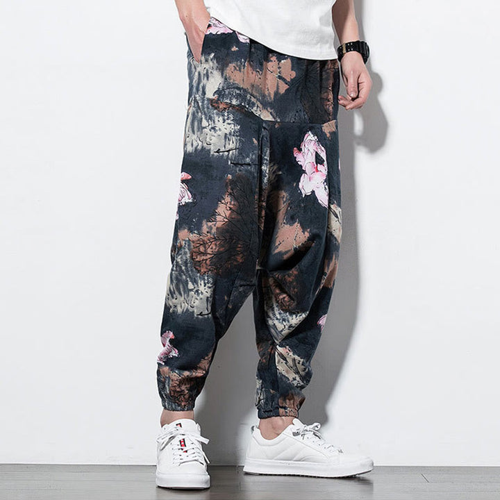 Buddha Stones Pink Lotus Ink Painting Print Cotton Men's Long Cropped Harem Pants With Pockets