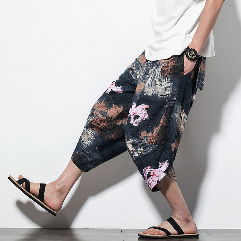 Buddha Stones Pink Lotus Ink Painting Print Cotton Men's Long Cropped Harem Pants With Pockets