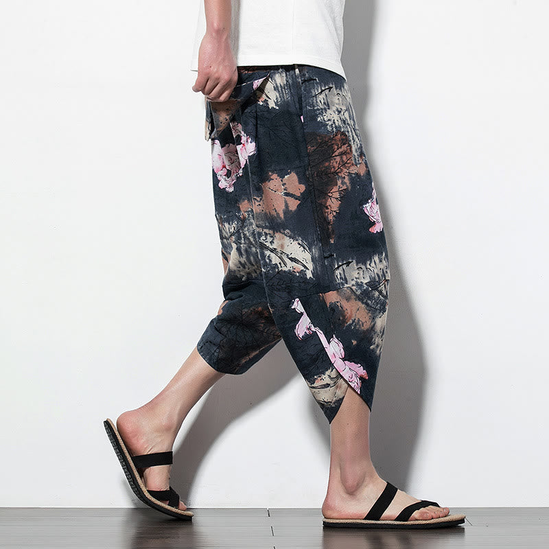 Buddha Stones Pink Lotus Ink Painting Print Cotton Men's Long Cropped Harem Pants With Pockets