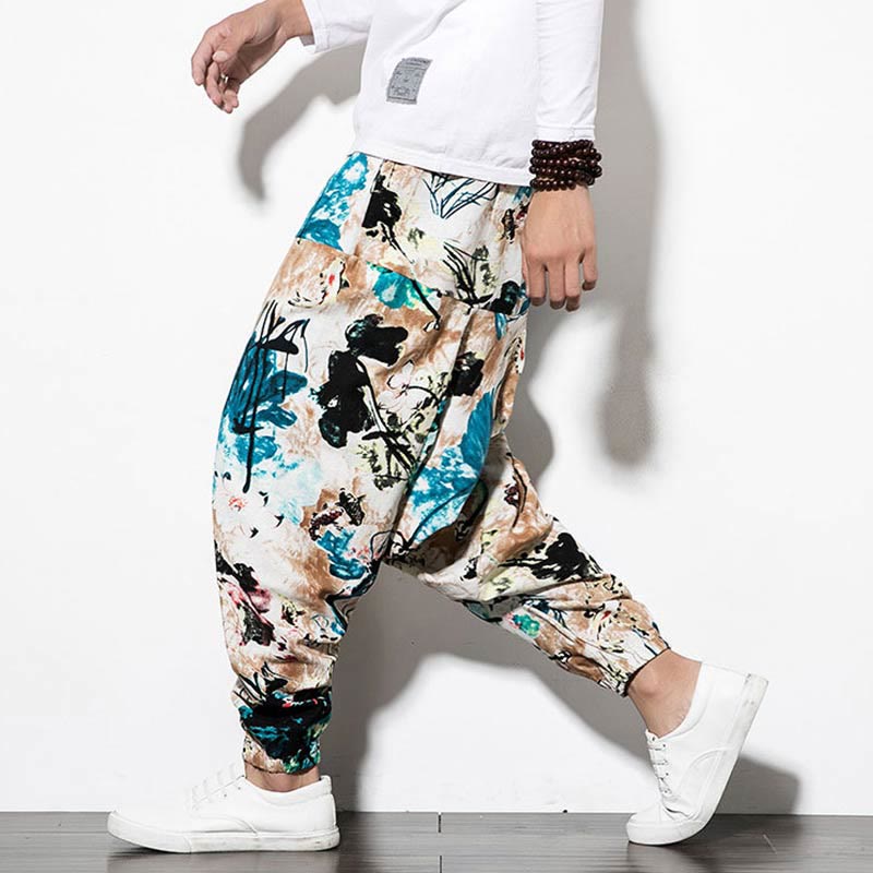 Buddha Stones Flowers Leaves Brown Blue Painting Print Cotton Men's Long Cropped Harem Pants With Pockets - Long Style SandyBrown Blue - US/UK/AU46，EU56 (5XL) - image 1