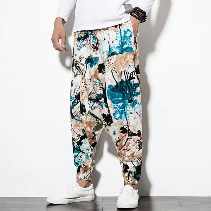 Buddha Stones Flowers Leaves Brown Blue Painting Print Cotton Men's Long Cropped Harem Pants With Pockets - image 7