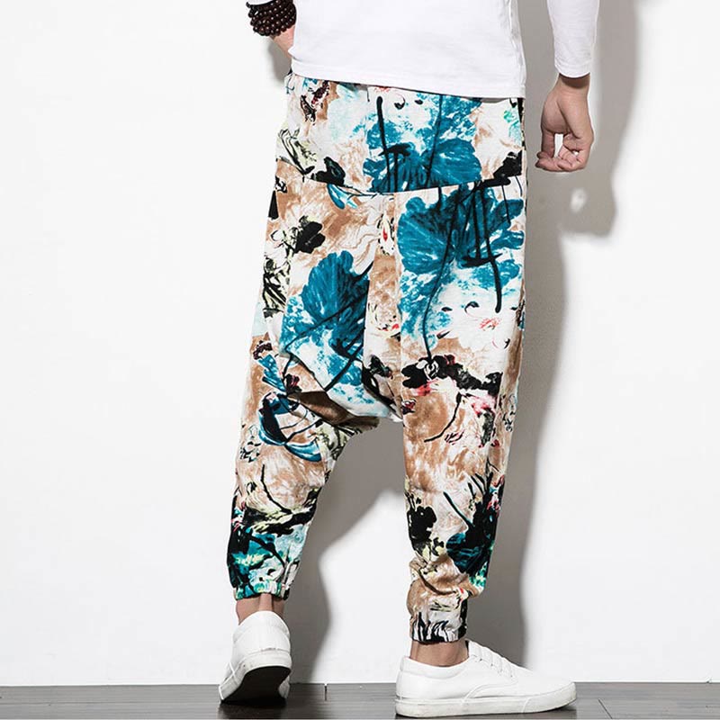 Buddha Stones Flowers Leaves Brown Blue Painting Print Cotton Men's Long Cropped Harem Pants With Pockets - image 3